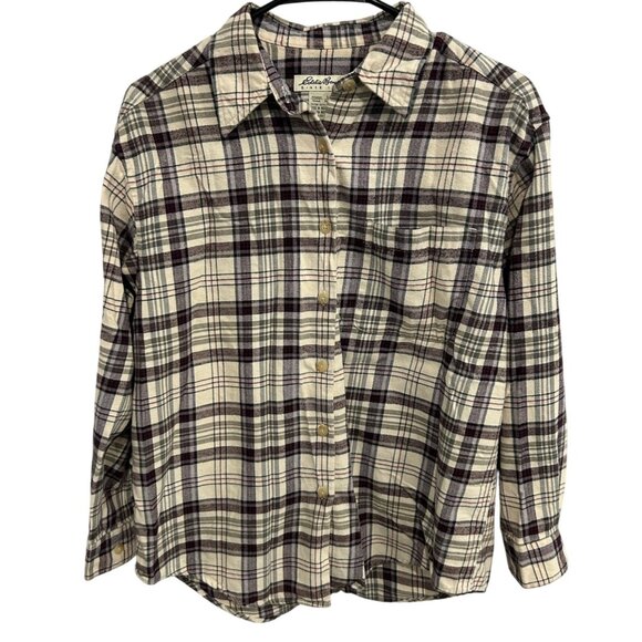 Eddie Bauer Womens Petite Plaid Flannel Button Up Shirt Long Sleeve Cotton Beige - Picture 1 of 9
